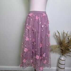 Chicwish NWT Dusty Purple 3D Floral Applique Mesh Tulle Midi Skirt - Size S/M